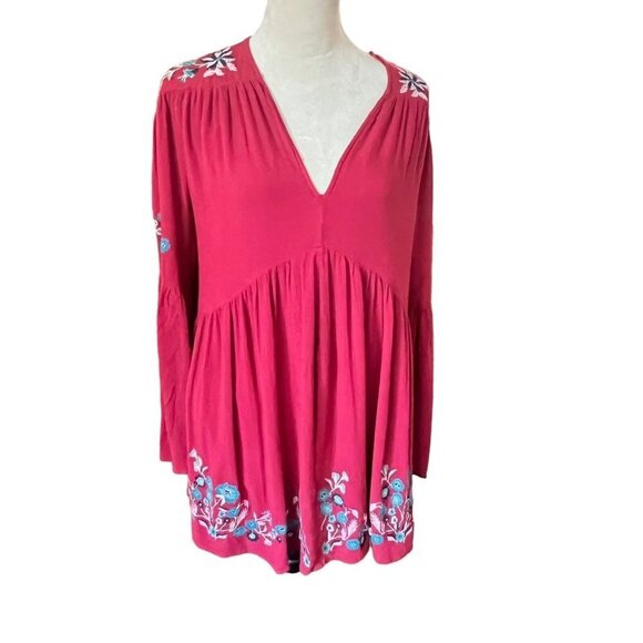 Free People Cherry Red Bell Long Sleeve Boho Embroidered Te Amo Mini Dress Sz S - Picture 4 of 13